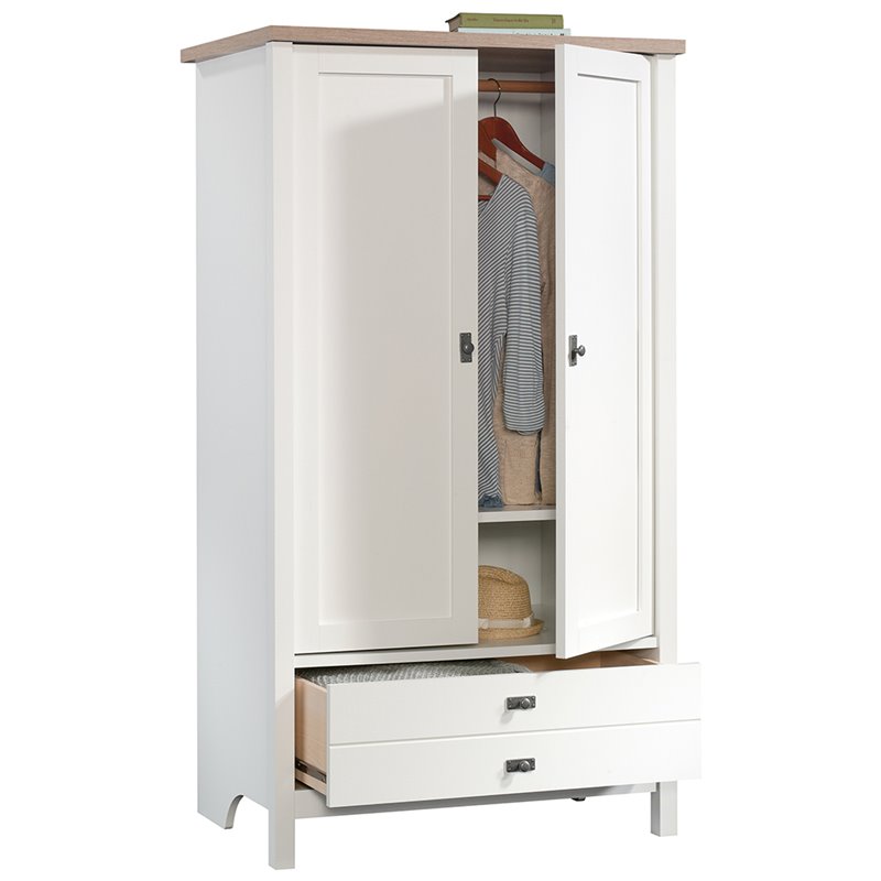 Pemberly Row Modern Engineered Wood Armoire in Soft White/Lintel Oak