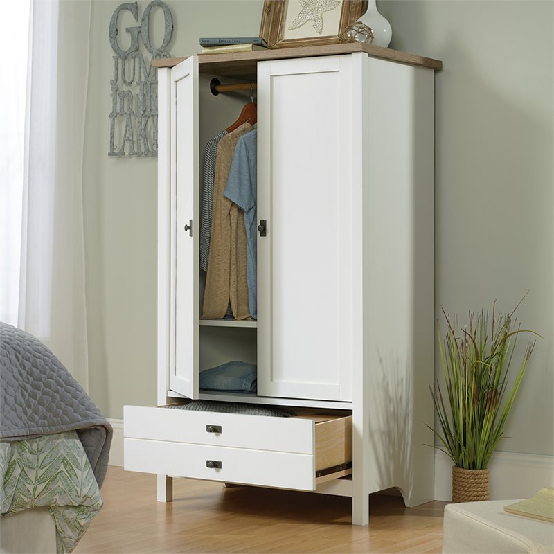 Pemberly Row Modern Engineered Wood Armoire in Soft White/Lintel Oak