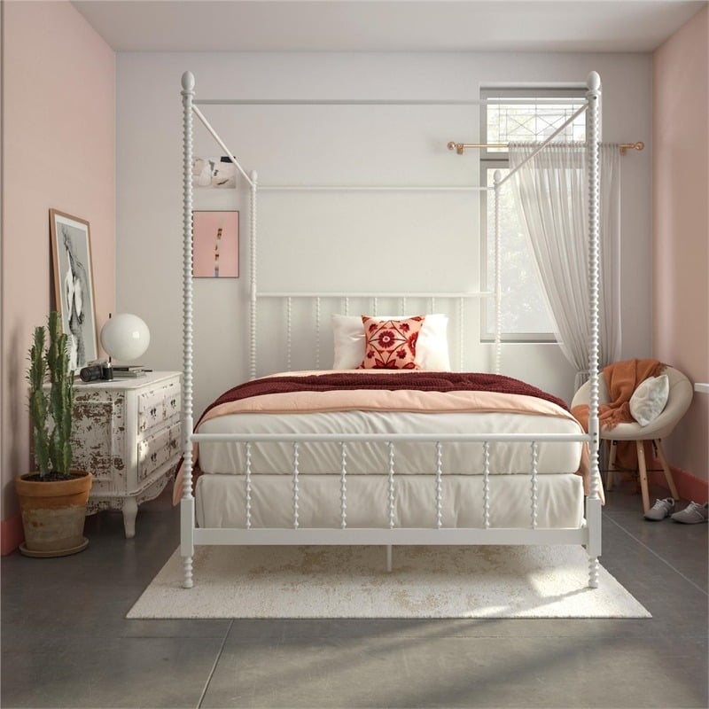 Pemberly Row Mid-Century Metal Full Size Canopy Bed in White