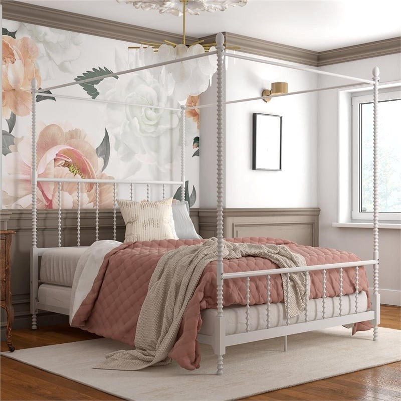 Pemberly Row Transitional Metal Queen Size Canopy Bed in White