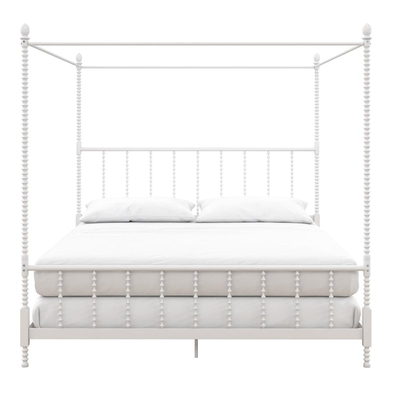 Pemberly Row King Size Canopy Bed in Metal in White - Easy Assembly