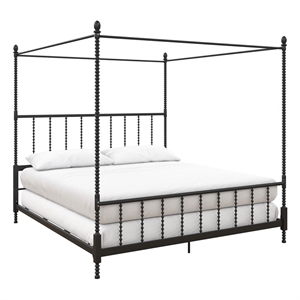 Pemberly Row King Size Canopy Bed in Metal in Black - Easy Assembly