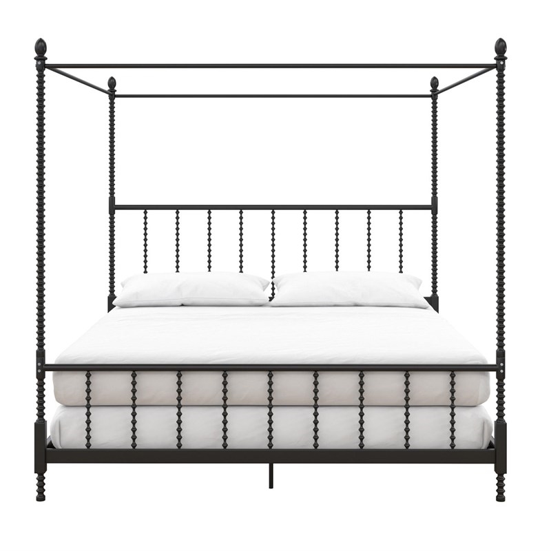 Pemberly Row King Size Canopy Bed in Metal in Black - Easy Assembly