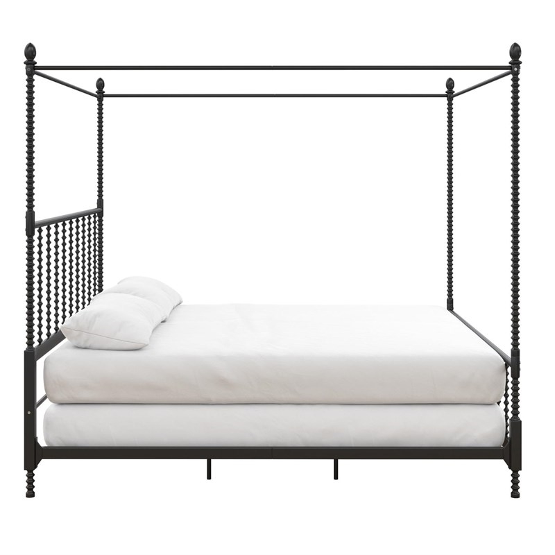 Pemberly Row King Size Canopy Bed in Metal in Black - Easy Assembly