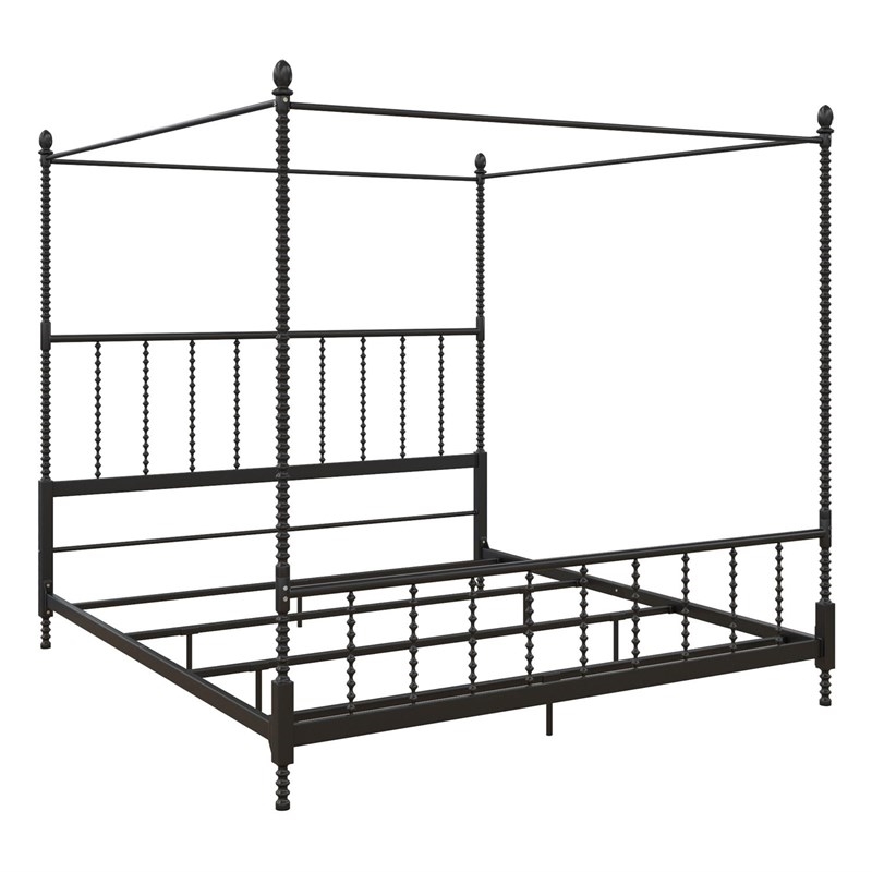 Pemberly Row King Size Canopy Bed in Metal in Black - Easy Assembly