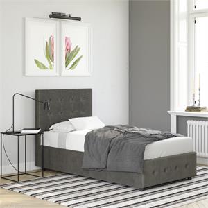Pemberly Row Tufted Velvet Twin Bed in Gray