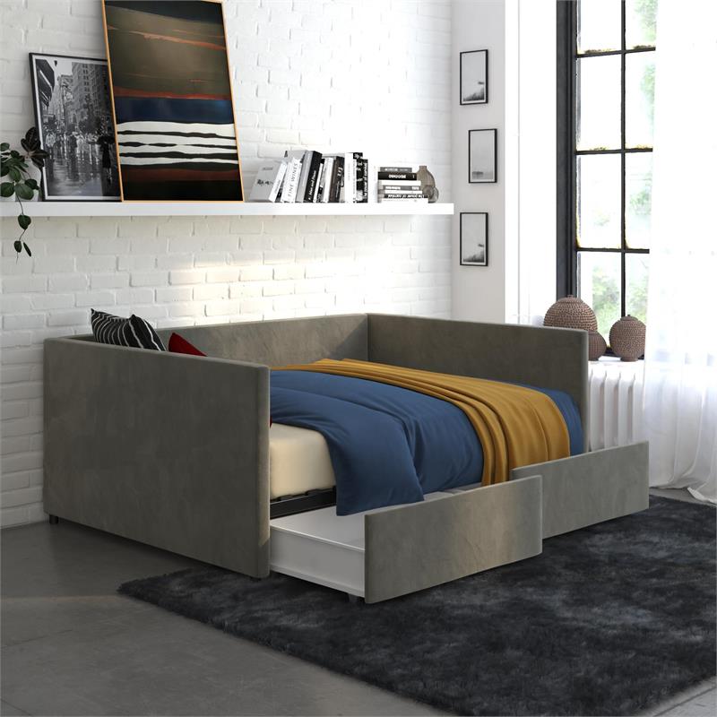Pemberly Row Modern Velvet/Robust Wood Full Daybed with Storage in Gray
