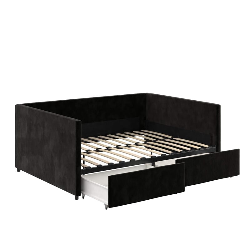 Pemberly Row Modern Velvet/Robust Wood Full Daybed with Storage in Black