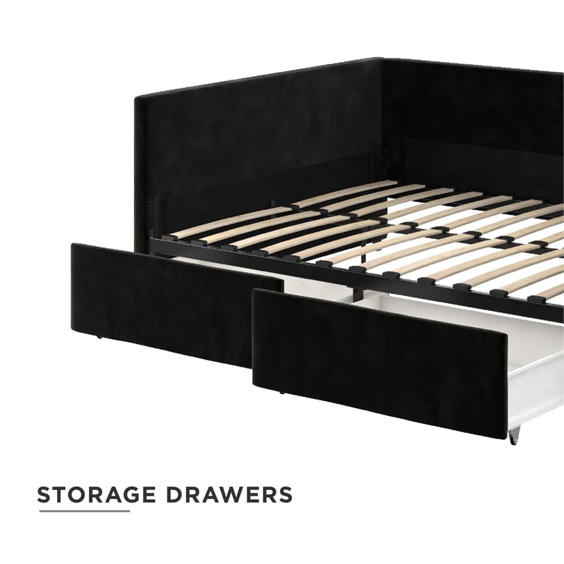 Pemberly Row Modern Velvet/Robust Wood Full Daybed with Storage in Black