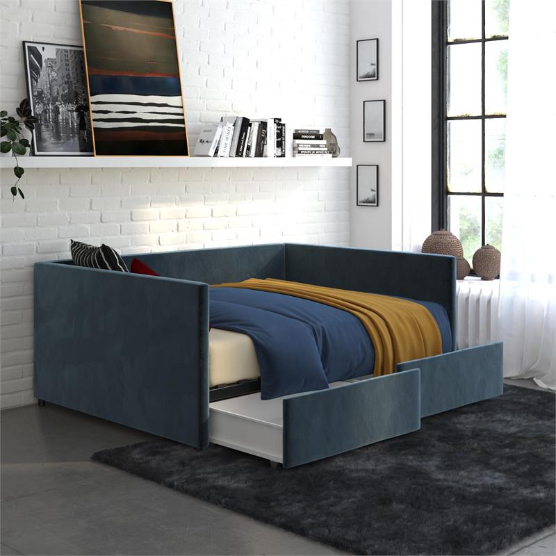 Pemberly Row Modern Velvet/Robust Wood Full Daybed with Storage in Blue