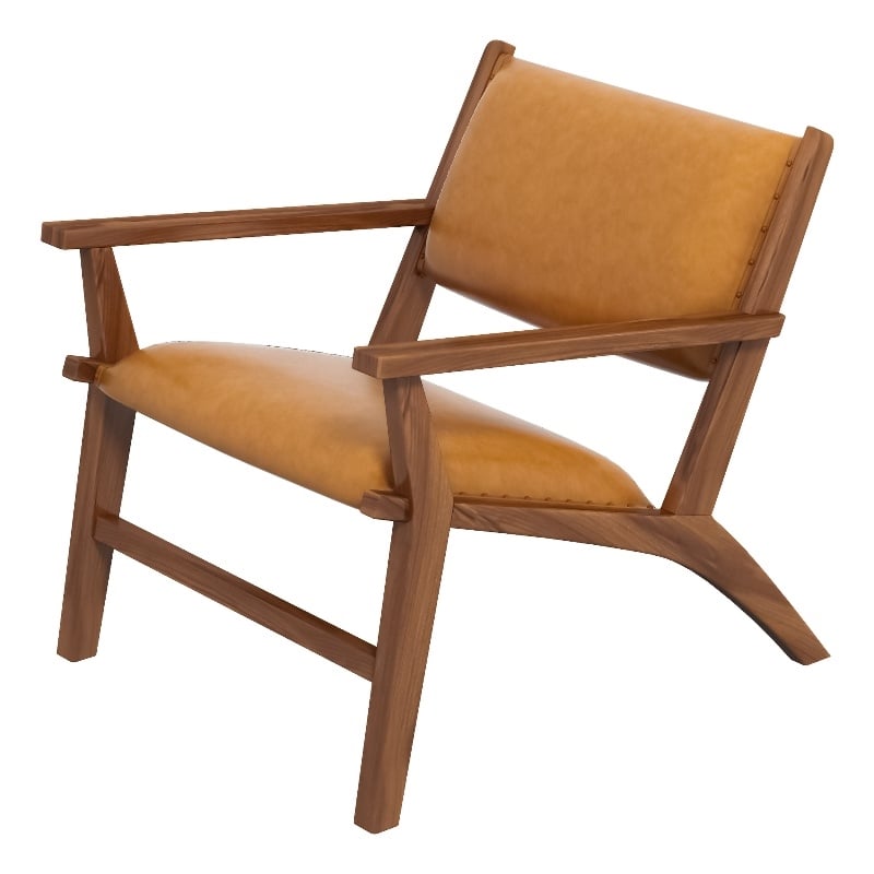 Pemberly Row Solid Wood and Leather Upholstered Arm Chair in Cognac Tan/Walnut