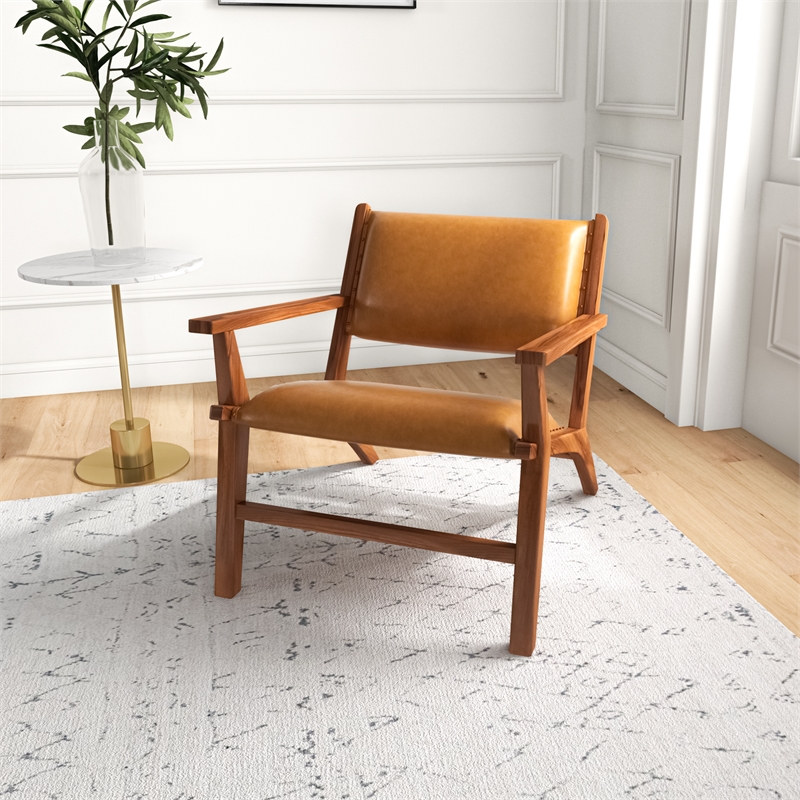 Pemberly Row Solid Wood and Leather Upholstered Arm Chair in Cognac Tan/Walnut