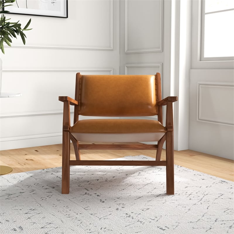 Pemberly Row Solid Wood and Leather Upholstered Arm Chair in Cognac Tan/Walnut