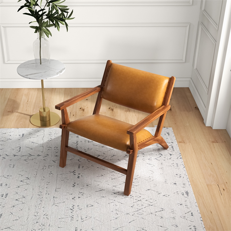 Pemberly Row Solid Wood and Leather Upholstered Arm Chair in Cognac Tan/Walnut