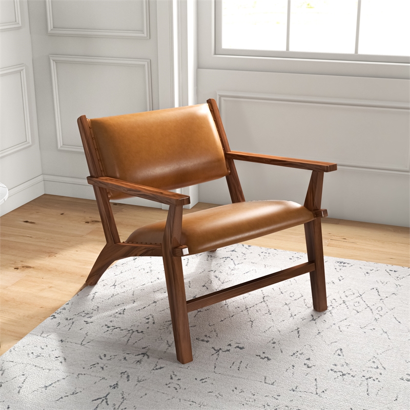 Pemberly Row Solid Wood and Leather Upholstered Arm Chair in Cognac Tan/Walnut