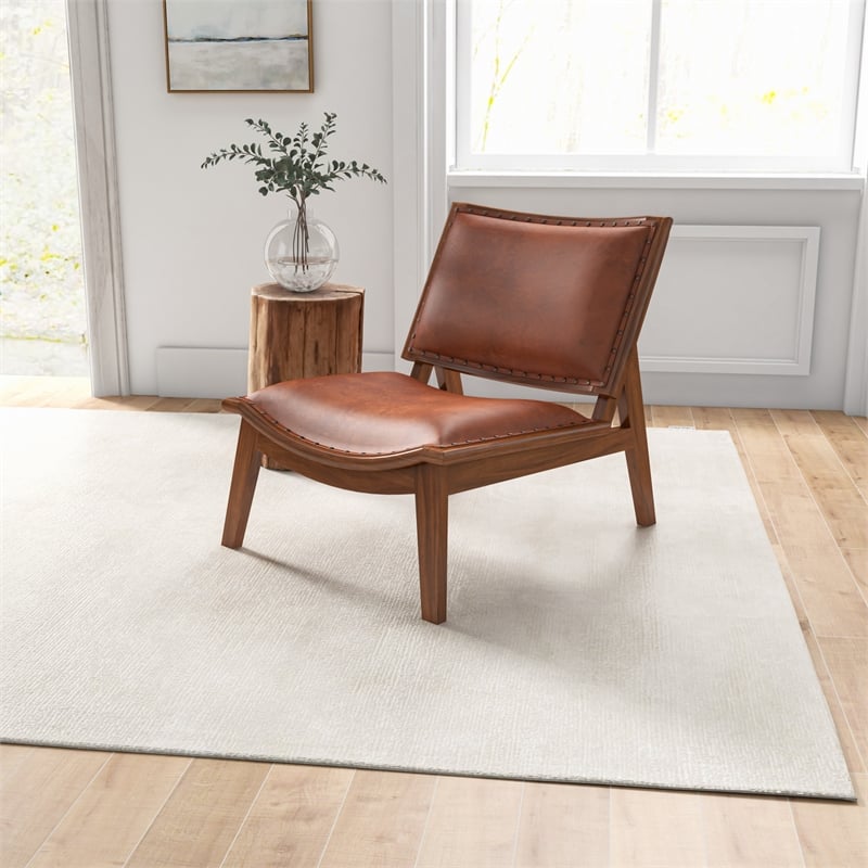 Pemberly Row Mid-Century Leather/Wood Accent Chair in Cognac Tan
