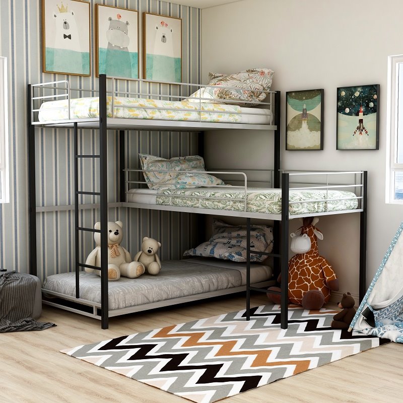 Pemberly Row Modern Steel Metal/Wood Triple Twin Bunk Bed in Sand Black