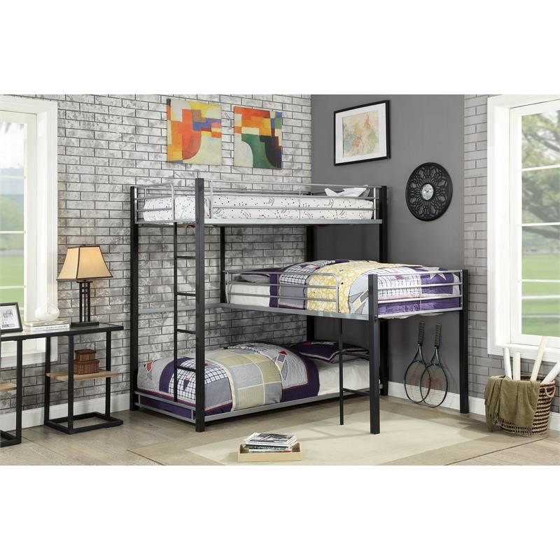 Pemberly Row Modern Steel Metal/Wood Triple Twin Bunk Bed in Sand Black