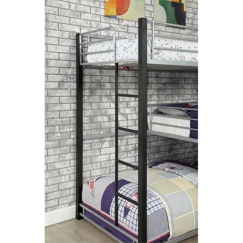 Pemberly Row Modern Steel Metal/Wood Triple Twin Bunk Bed in Sand Black
