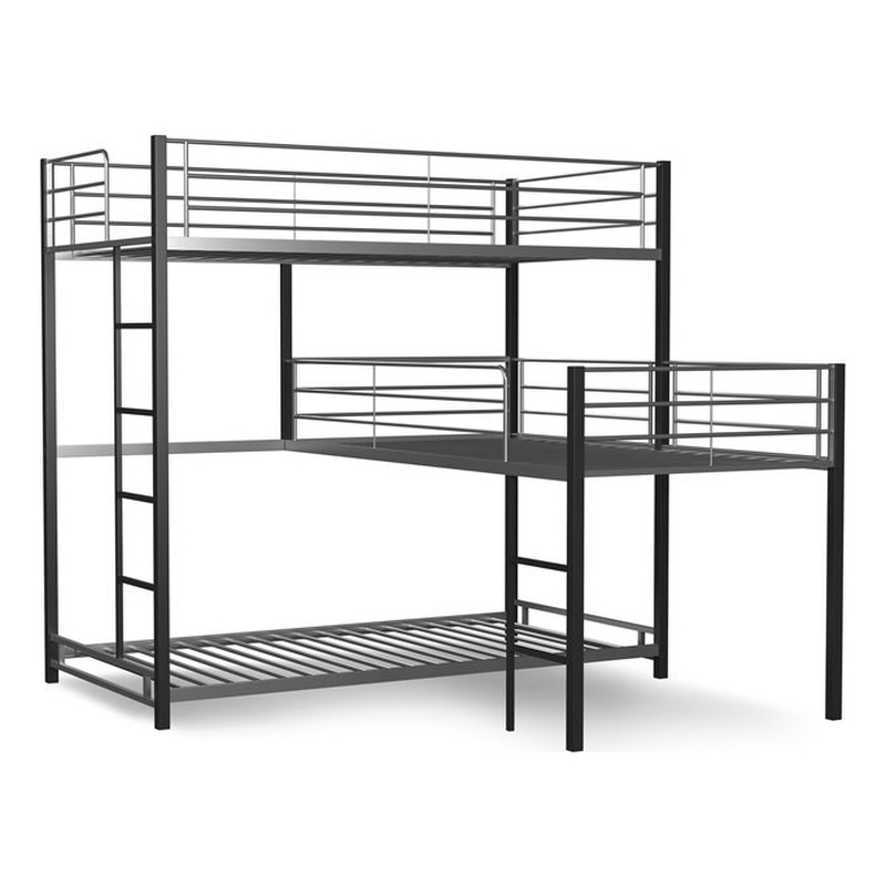 Pemberly Row Modern Steel Metal/Wood Triple Twin Bunk Bed in Sand Black