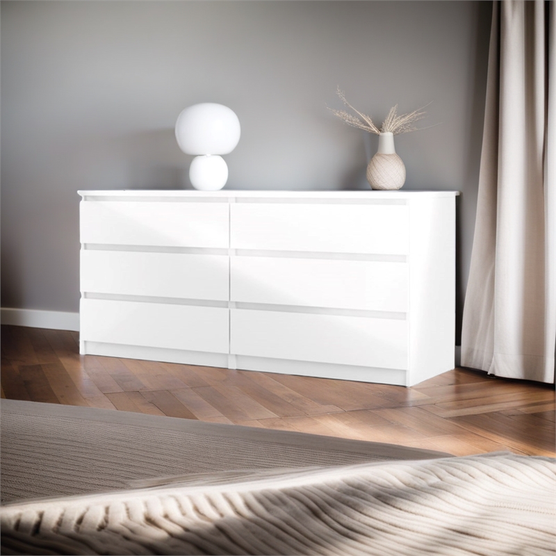Pemberly Row Engineered Wood 6 Drawer Double Dresser in White High Gloss