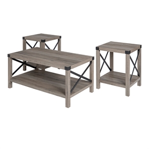 Pemberly Row 3-Piece Rustic Wood and Metal Coffee Table Set in Gray Wash
