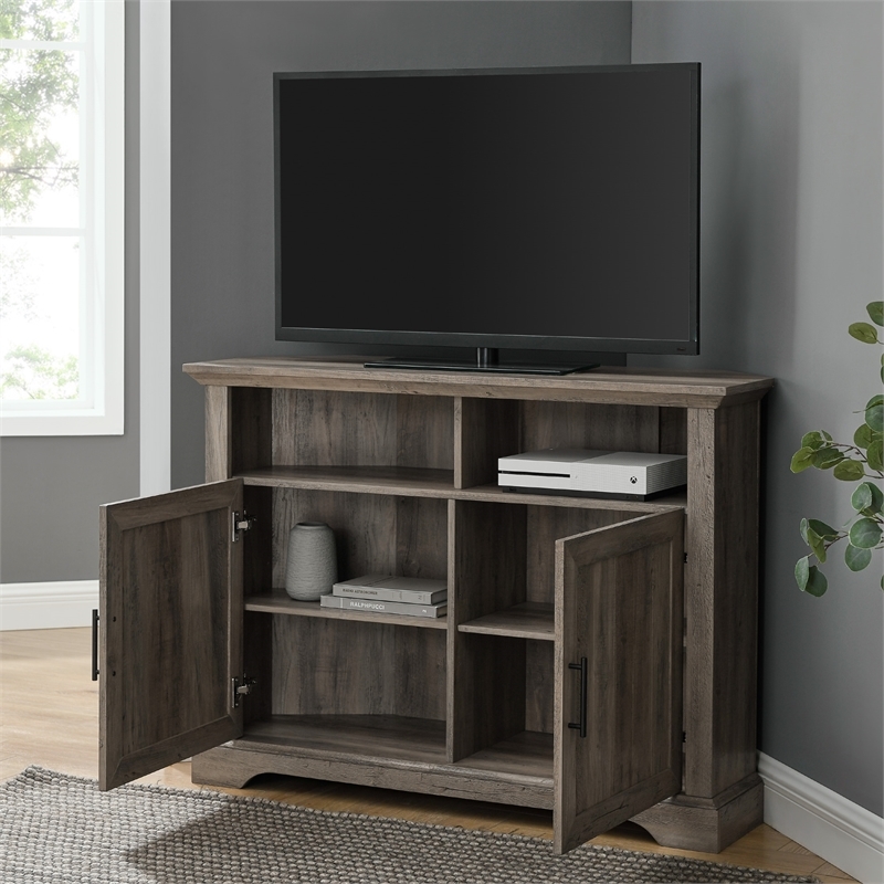 Pemberly Row Farmhouse Wood Corner TV Stand for TVs up to 48