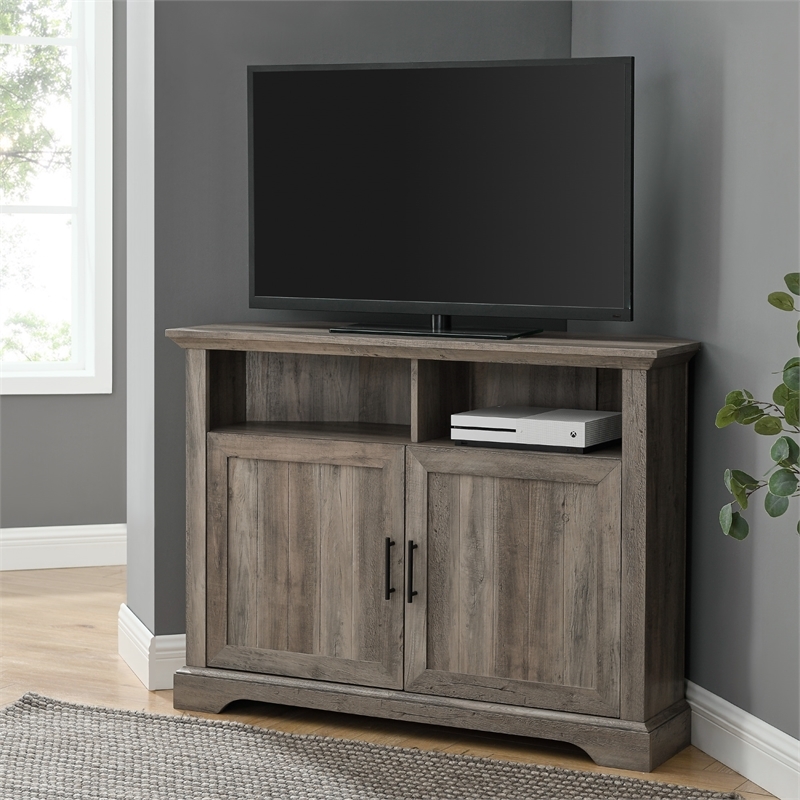 Pemberly Row Farmhouse Wood Corner TV Stand for TVs up to 48