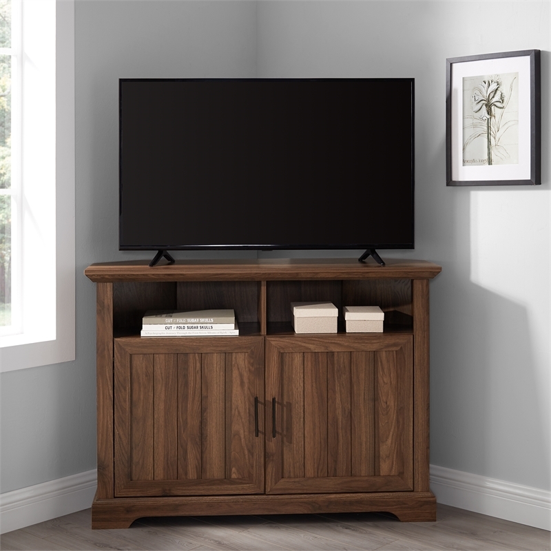 Pemberly Row Farmhouse Wood Corner TV Stand for TVs up to 48