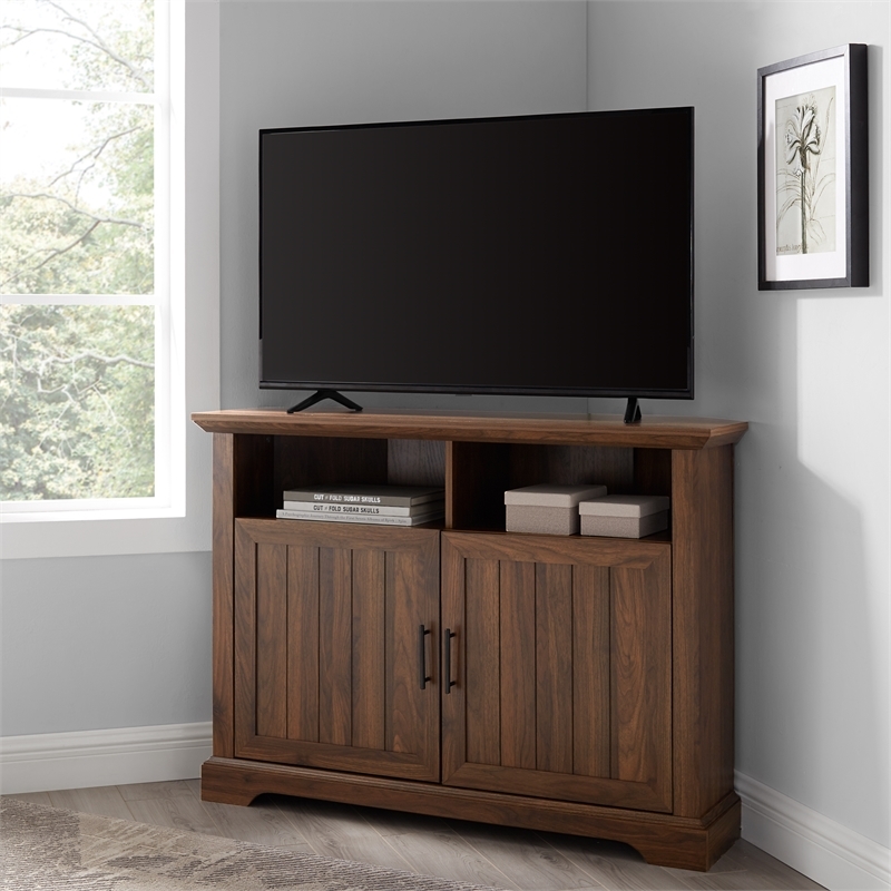 Pemberly Row Farmhouse Wood Corner TV Stand for TVs up to 48