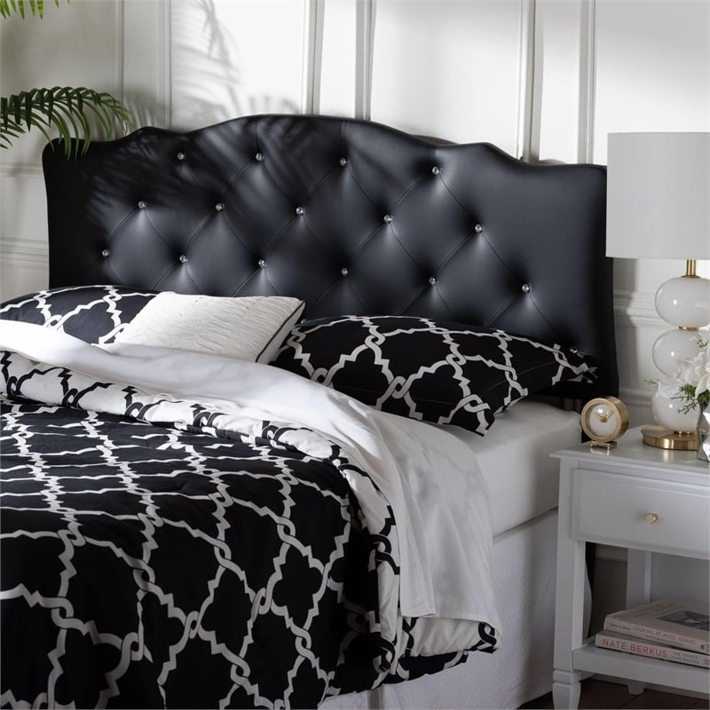 Pemberly Row Faux Leather Tufted Full Panel Headboard w/ Wood Frame in Black
