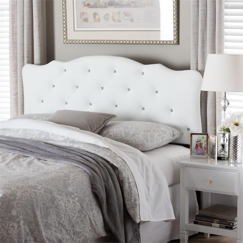 Pemberly Row Faux Leather Tufted Full Panel Headboard with Wood Frame in White