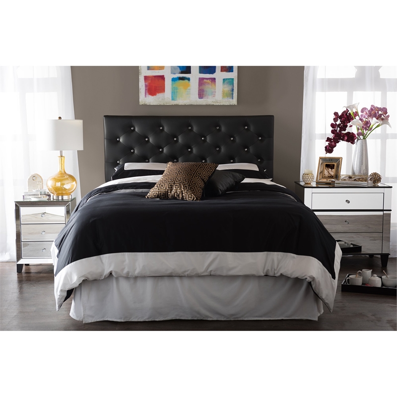 Pemberly Row Faux Leather Tufted Full Panel Headboard in Black