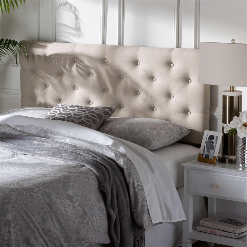 Pemberly Row Modern Fabric Tufted Queen Panel Headboard in Light Beige