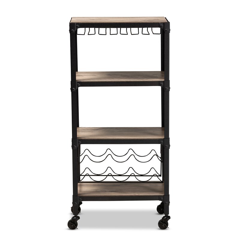 Pemberly Row Wood Mobile Kitchen Bar Cart in Black Metal Oak
