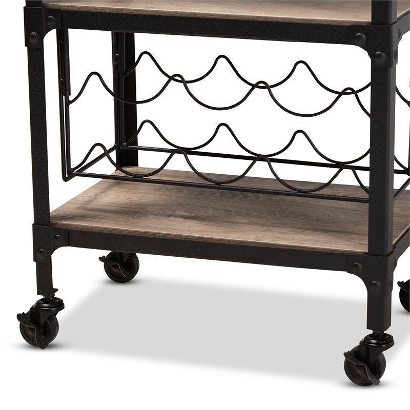 Pemberly Row Wood Mobile Kitchen Bar Cart in Black Metal Oak