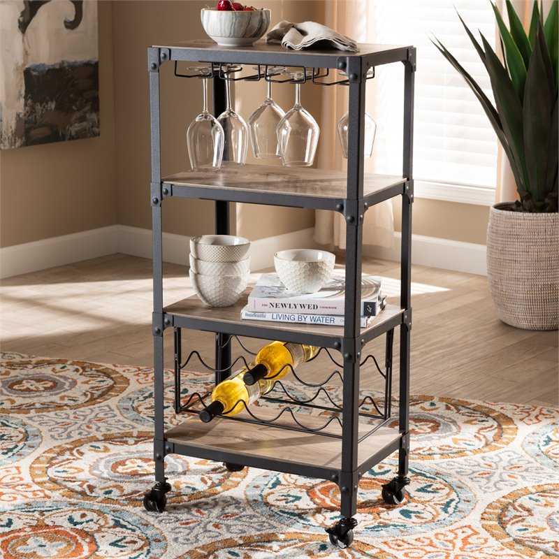 Pemberly Row Wood Mobile Kitchen Bar Cart in Black Metal Oak