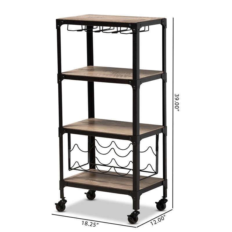 Pemberly Row Wood Mobile Kitchen Bar Cart in Black Metal Oak