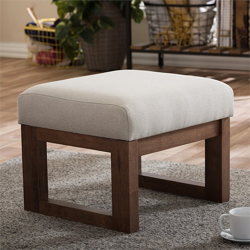 Pemberly Row Upholstered Ottoman in Light Beige and Walnut
