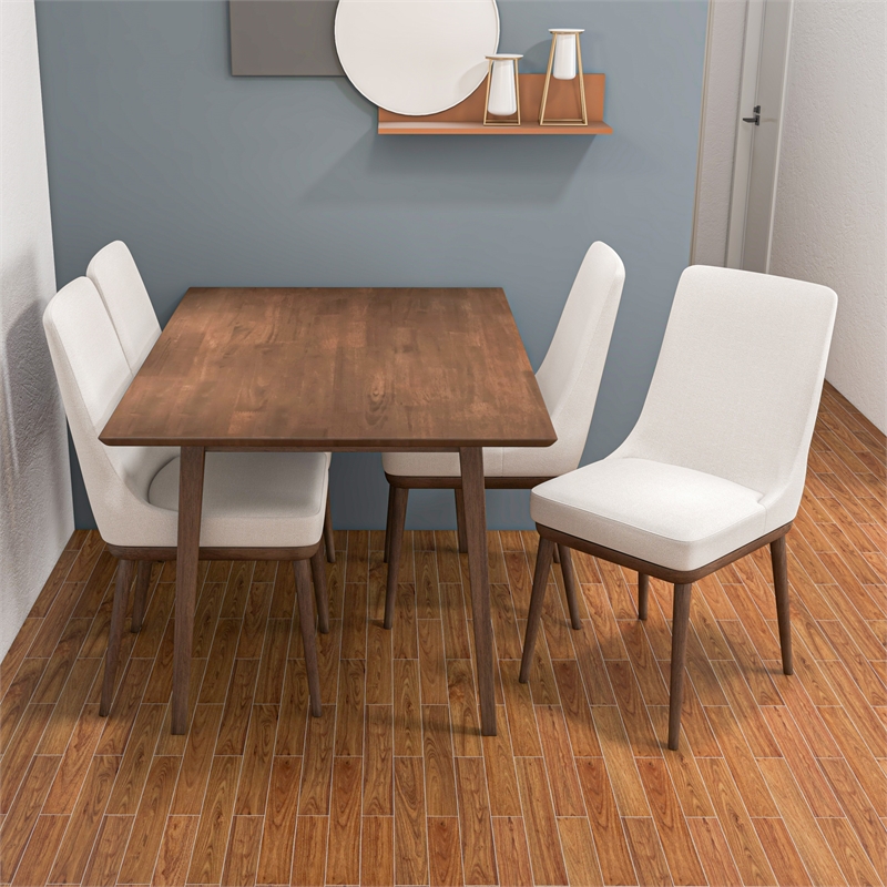 Pemberly Row 19'' Solid Wood and Fabric Dining Chair in Beige/Walnut (Set of 2)