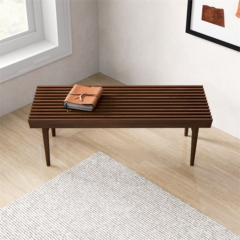 Pemberly Row Mid-Century Rectangular Solid Wood Bench in Walnut