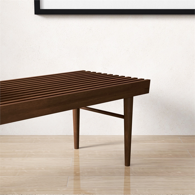 Pemberly Row Mid-Century Rectangular Solid Wood Bench in Walnut