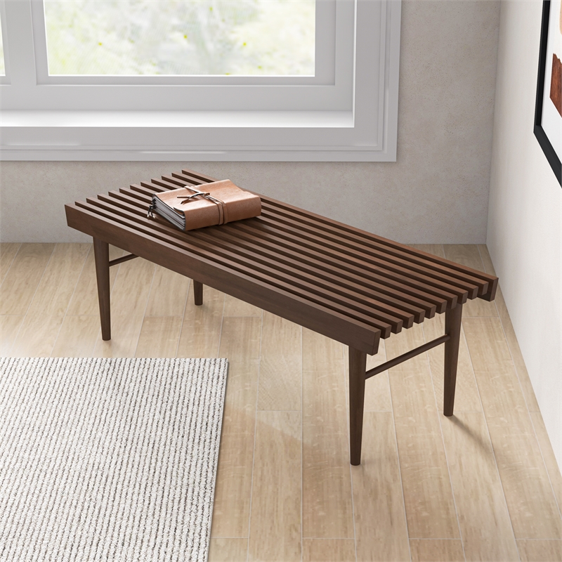 Pemberly Row Mid-Century Rectangular Solid Wood Bench in Walnut