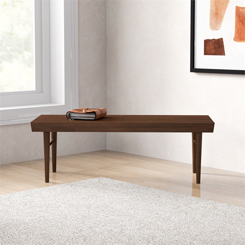 Pemberly Row Mid-Century Rectangular Solid Wood Bench in Walnut