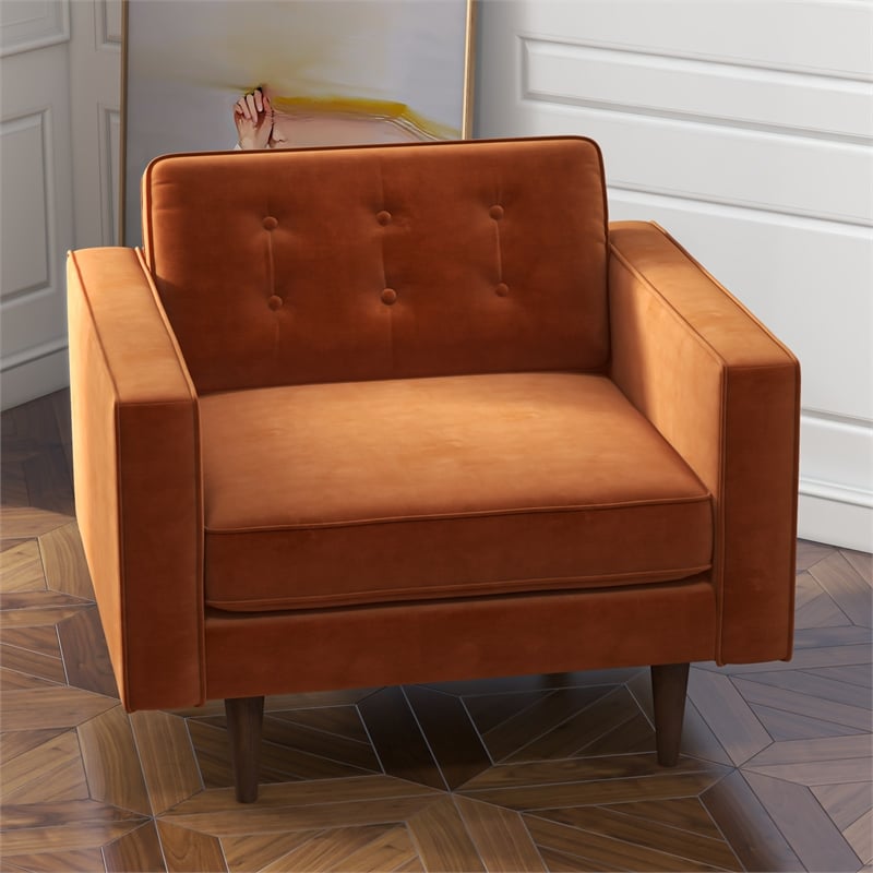 Pemberly Row Mid-Century Pillow Back Velvet Upholstered Armchair in Orange