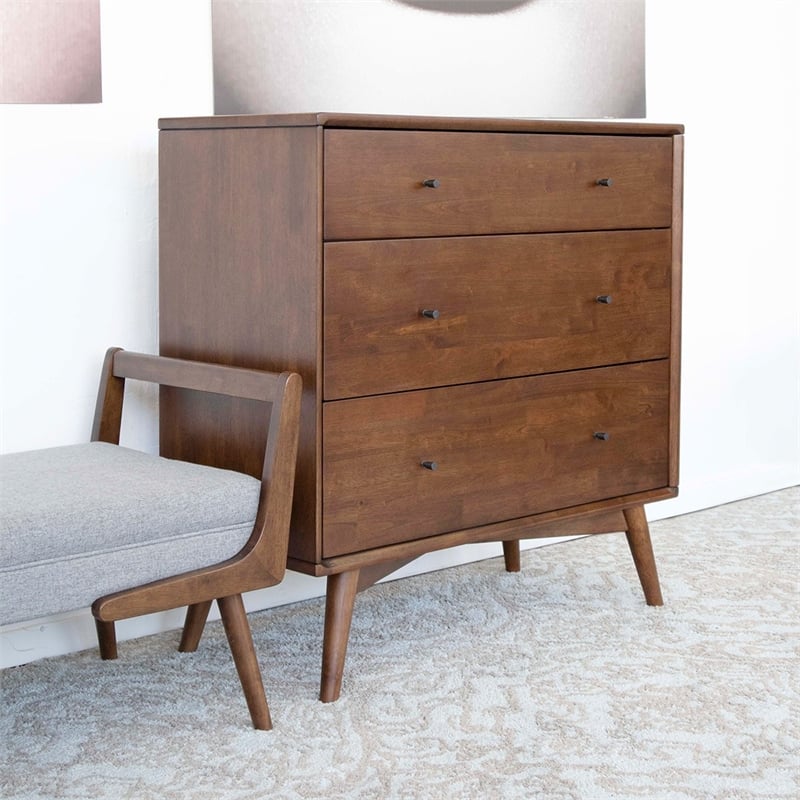Pemberly Row Mid-Century Modern 3-Drawer Solid Wood Dresser in Brown
