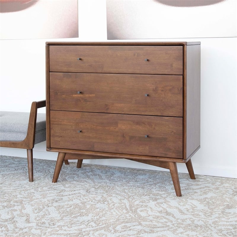 Pemberly Row Mid-Century Modern 3-Drawer Solid Wood Dresser in Brown