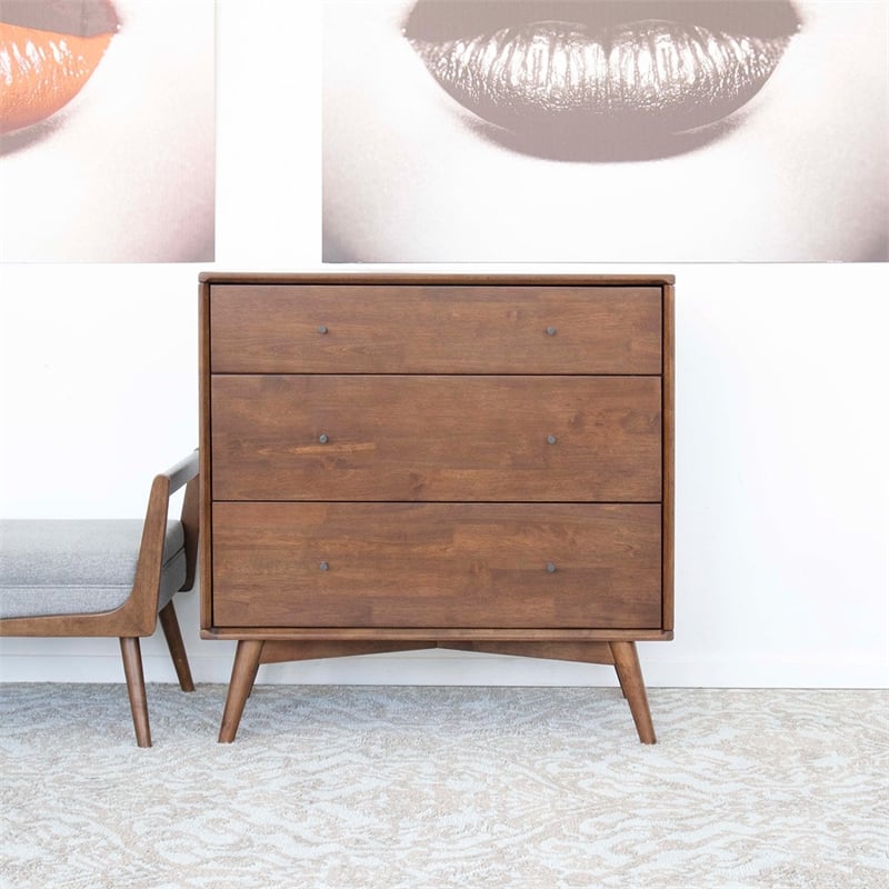 Pemberly Row Mid-Century Modern 3-Drawer Solid Wood Dresser in Brown