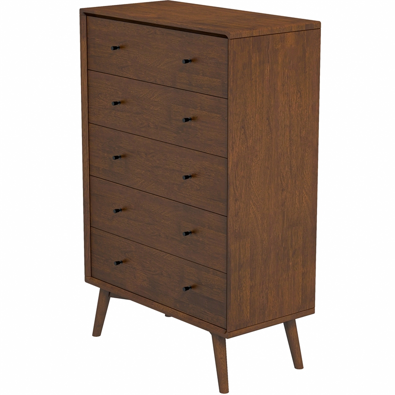 Pemberly Row Mid-Century Modern 5-Drawer Solid Wood Dresser in Brown