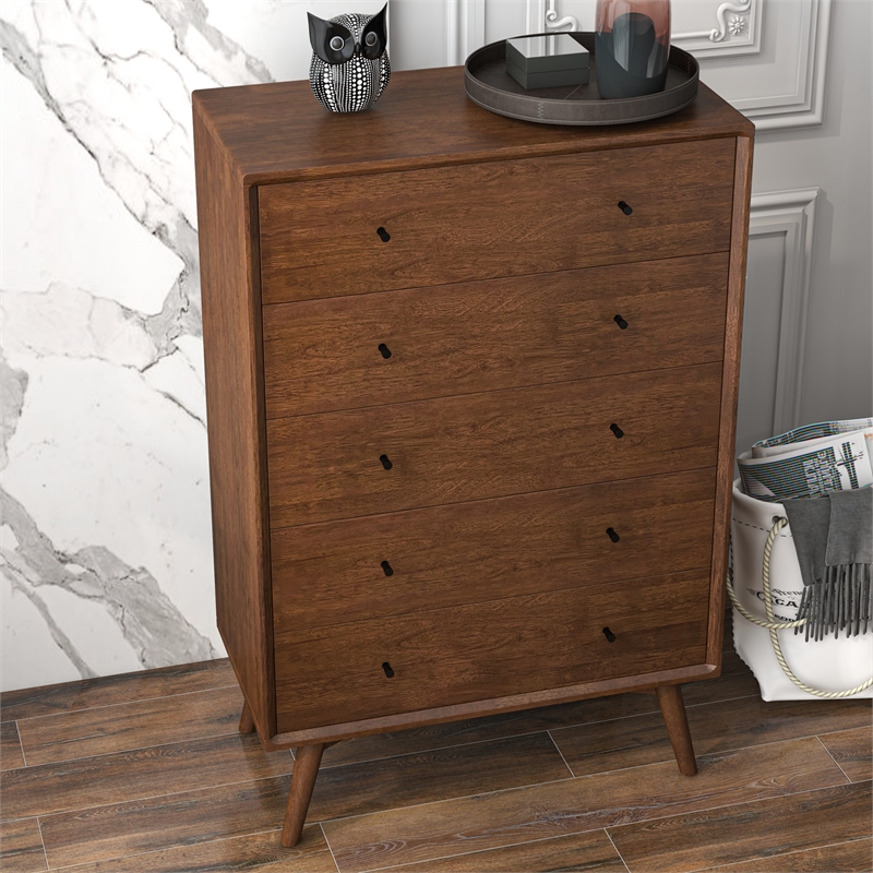 Pemberly Row Mid-Century Modern 5-Drawer Solid Wood Dresser in Brown